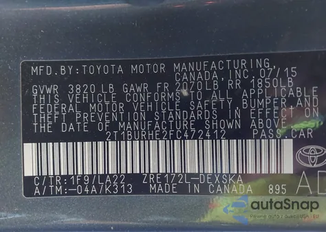 2015 Toyota Corolla S Premium from USA, damaged, VIN 2T1BURHE2FC472412